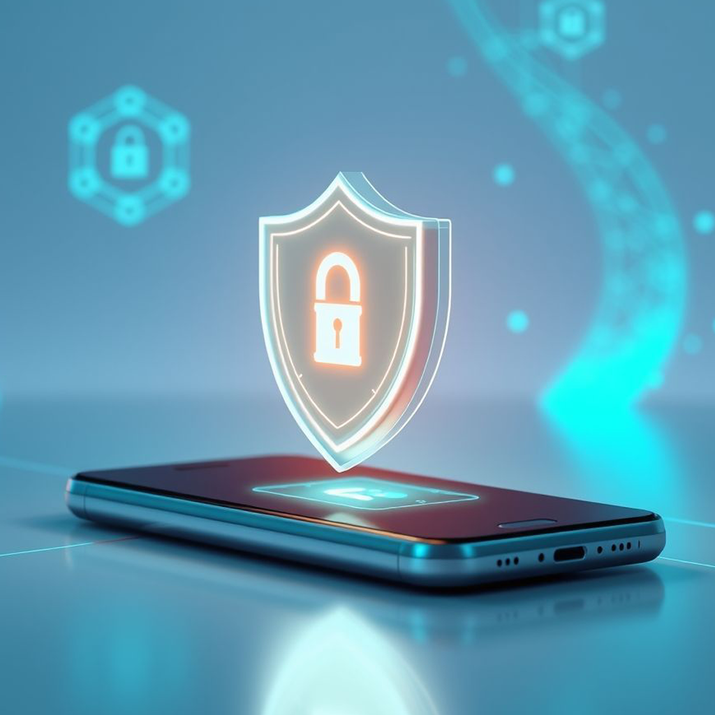 Interface futurística mostrando um escudo digital bloqueando com um smartphone mostrando um código de verificação