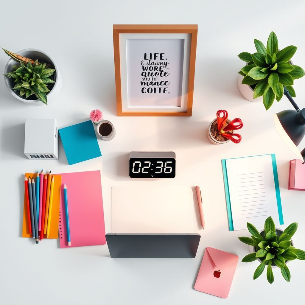 Design plano de um espaço de trabalho com timer Pomodoro