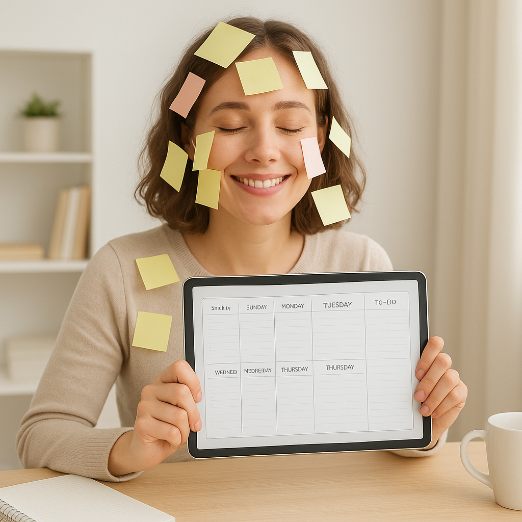 Imagem de uma agenda digital com ícones de produtividade e organização