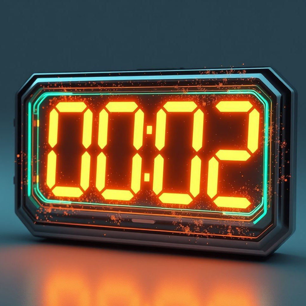 Timer futurista mostrando '00:02' com partículas e efeitos brilhantes