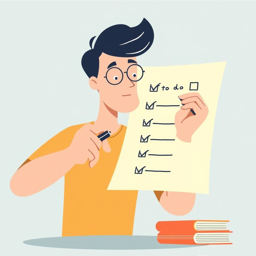 Ilustração moderna de uma pessoa rapidamente marcando itens em uma pequena lista de tarefas